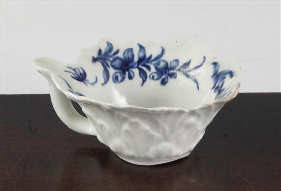 A rare Worcester Butter Boat Formal Rose pattern blue and white butter boat, c.1760-5, length 9.2cm, tiny nick and hairline crack